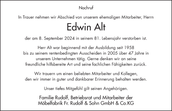 Traueranzeige von Edwin Alt von FZ