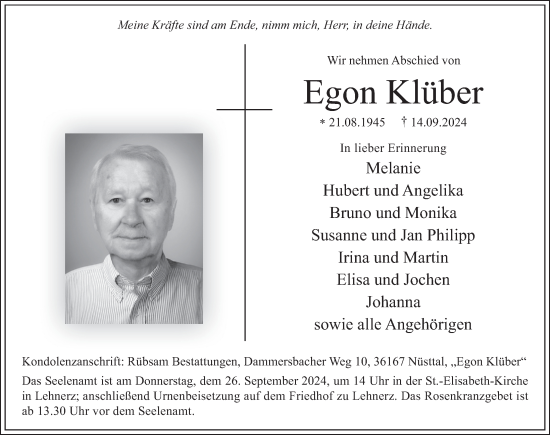 Traueranzeige von Egon Klüber von FZ