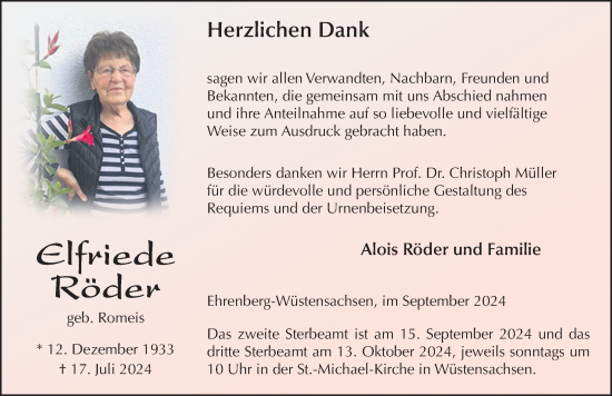Traueranzeige von Elfriede Röder von FZ