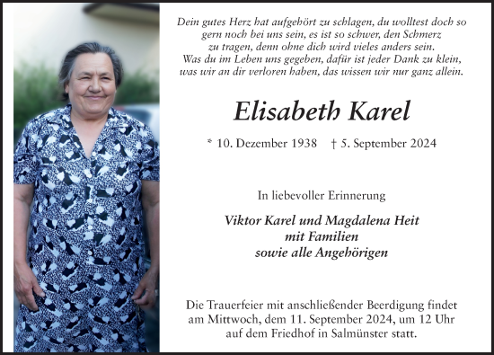 Traueranzeige von Elisabeth Karel von FZ