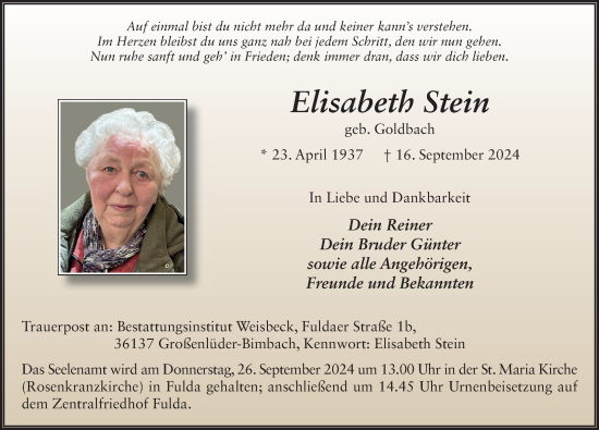 Traueranzeige von Elisabeth Stein von FZ