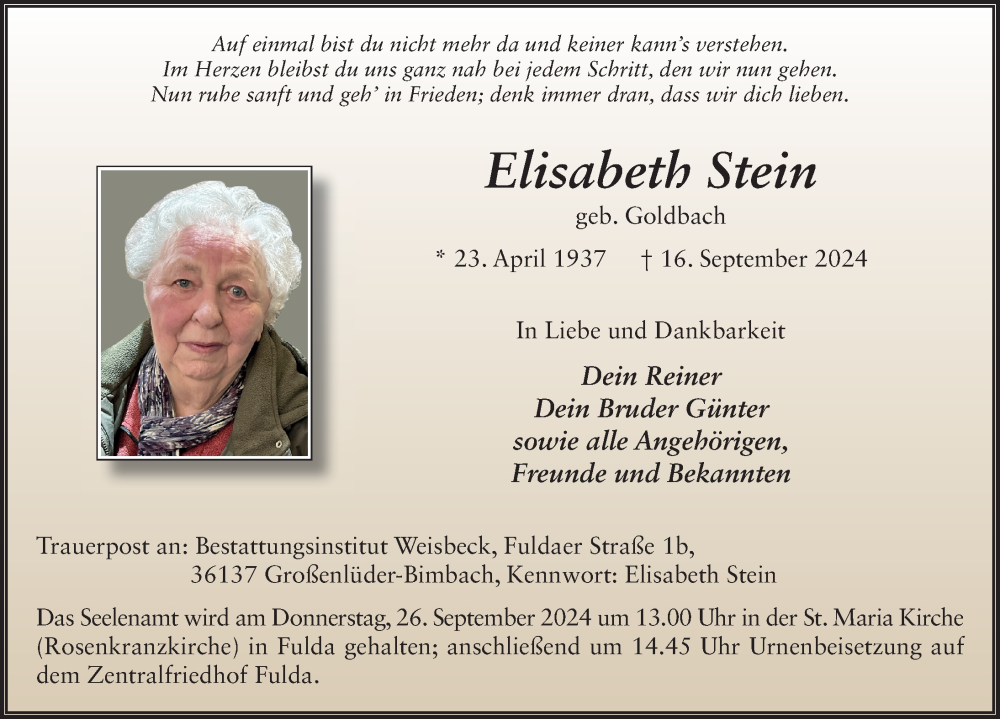  Traueranzeige für Elisabeth Stein vom 21.09.2024 aus FZ