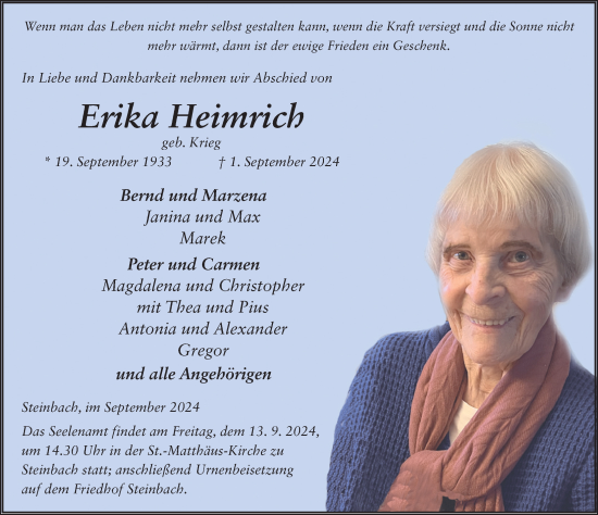 Traueranzeige von Erika Heimrich von FZ