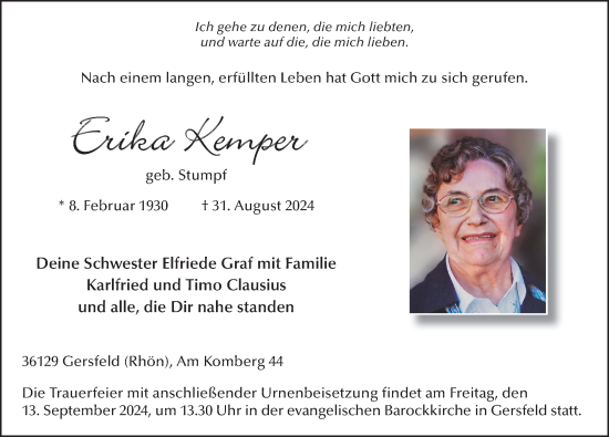 Traueranzeige von Erika Kemper von FZ