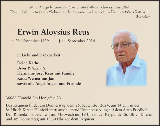 Traueranzeige von Erwin Aloysius Reus von FZ