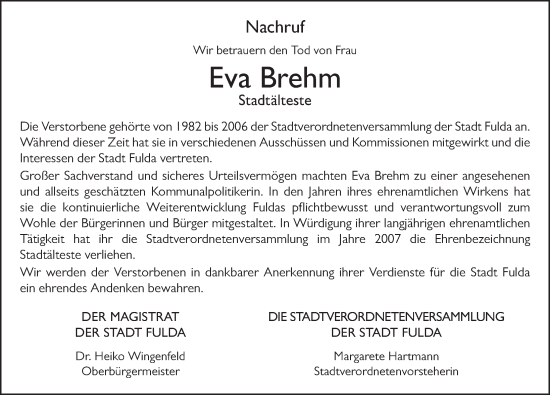 Traueranzeige von Eva Brehm von FZ
