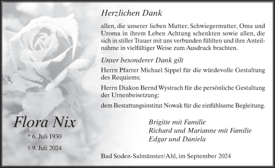 Traueranzeige von Flora Nix von FZ