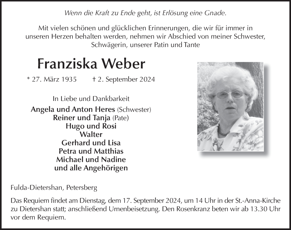  Traueranzeige für Franziska Weber vom 13.09.2024 aus FZ