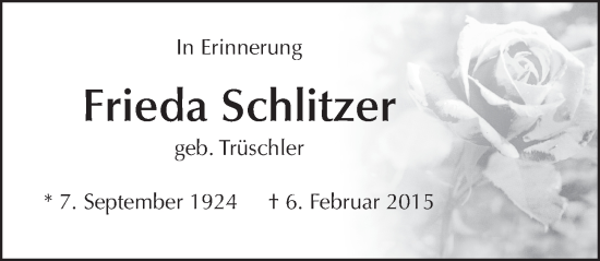 Traueranzeige von Frieda Schlitzer von FZ