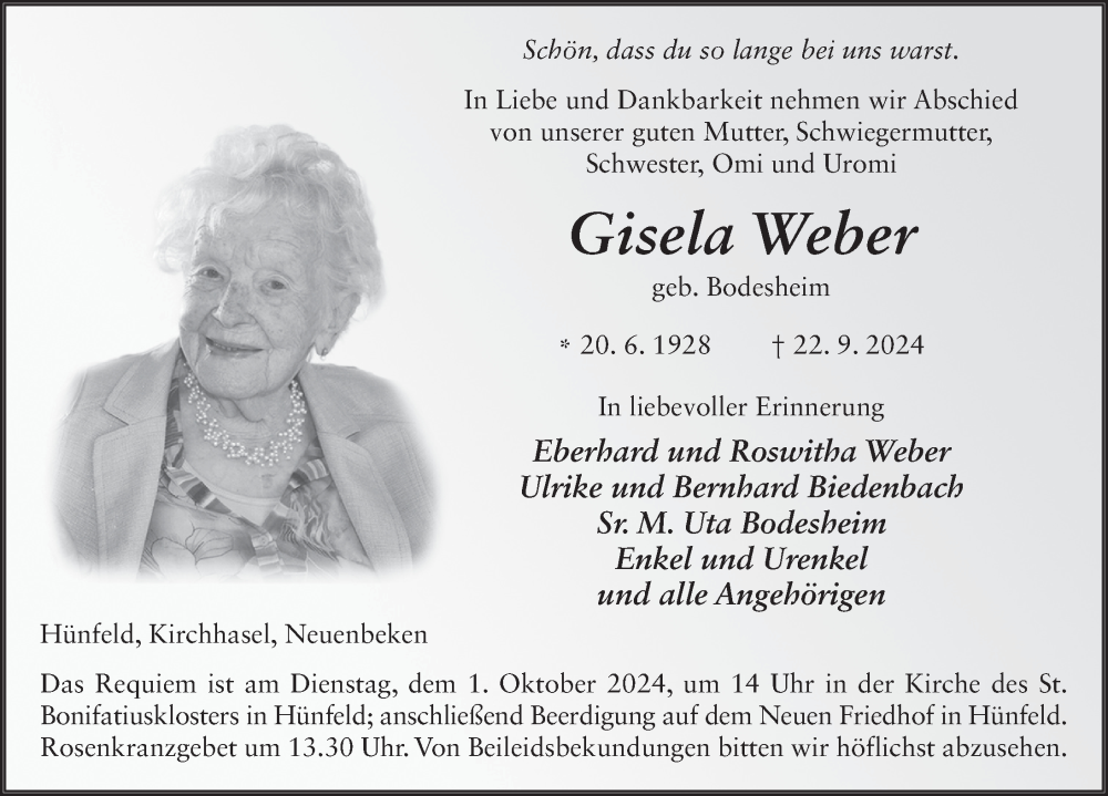  Traueranzeige für Gisela Weber vom 28.09.2024 aus FZ