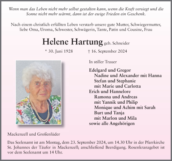 Traueranzeige von Helene Hartung von FZ