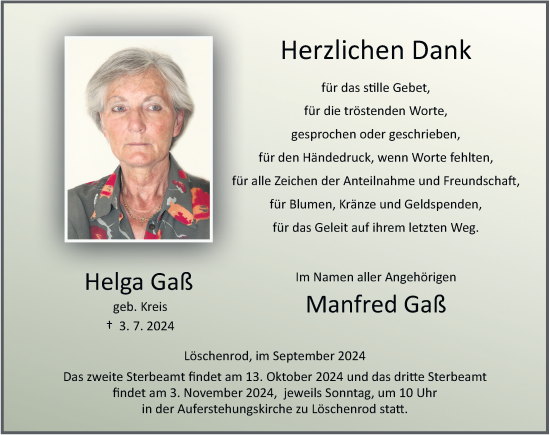 Traueranzeige von Helga Gaß von FZ