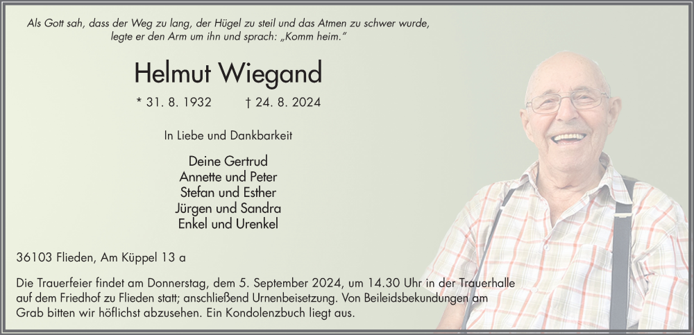  Traueranzeige für Helmut Wiegand vom 02.09.2024 aus FZ