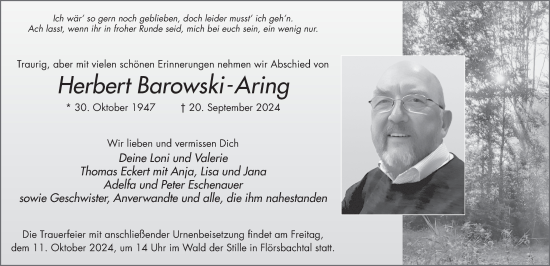 Traueranzeige von Herbert Barowski Aring von FZ