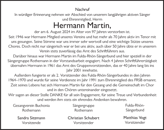 Traueranzeige von Hermann Martin von FZ