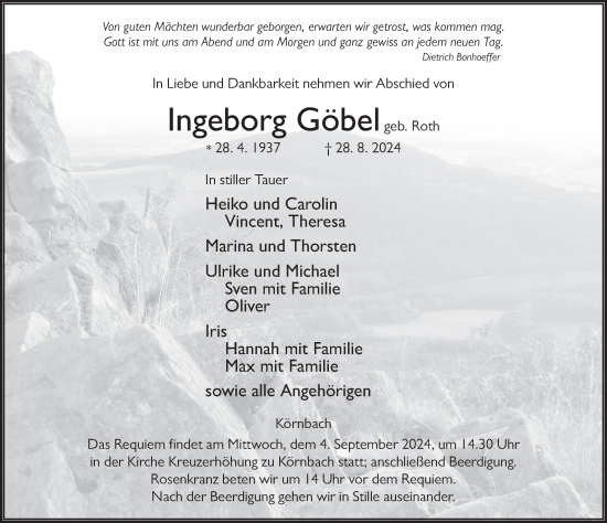 Traueranzeige von Ingeborg Göbel von FZ