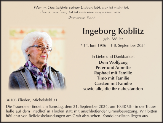 Traueranzeige von Ingeborg Koblitz von FZ