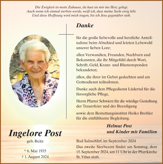 Traueranzeige von Ingelore Post von FZ