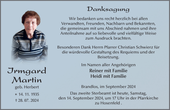 Traueranzeige von Irmgard Martin von FZ