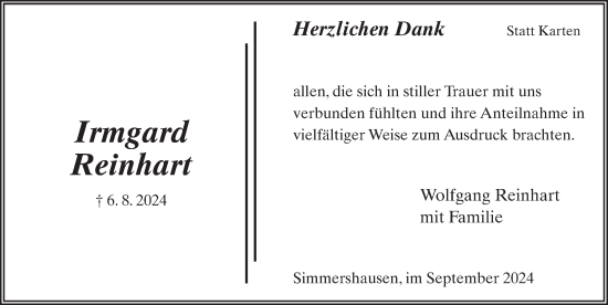 Traueranzeige von Irmgard Reinhart von FZ