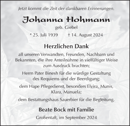 Traueranzeige von Johanna Hohmann von FZ