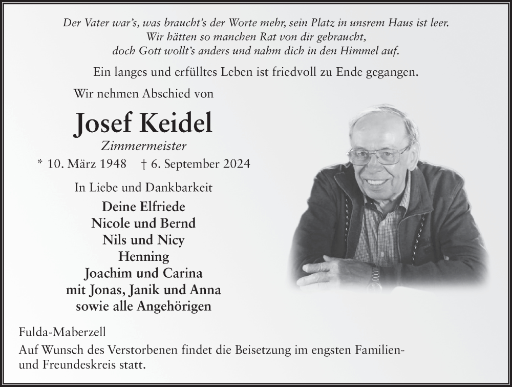  Traueranzeige für Josef Keidel vom 18.09.2024 aus FZ
