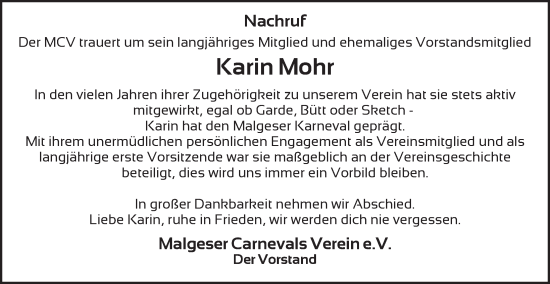 Traueranzeige von Karin Mohr von FZ