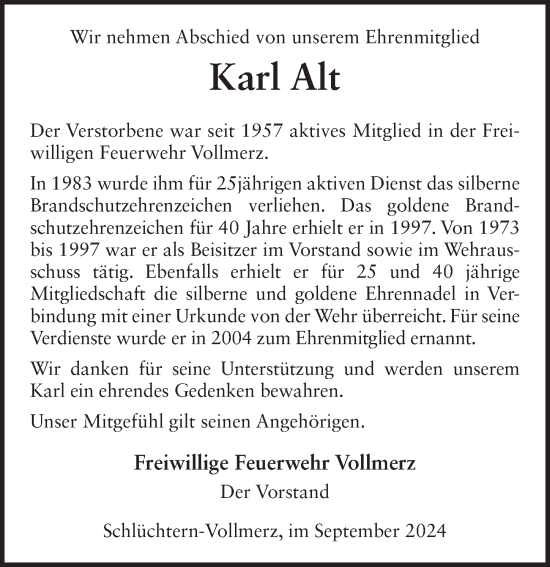 Traueranzeige von Karl Alt von FZ