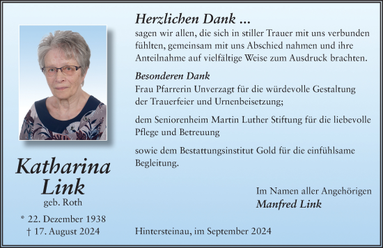 Traueranzeige von Katharina Link von FZ