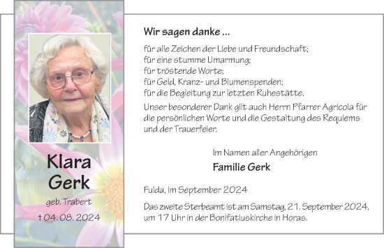 Traueranzeige von Klara Gerk von FZ