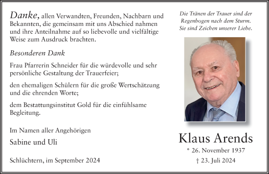 Traueranzeige von Klaus Arends von FZ