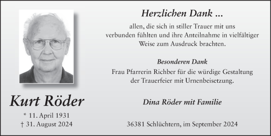 Traueranzeige von Kurt Röder von FZ