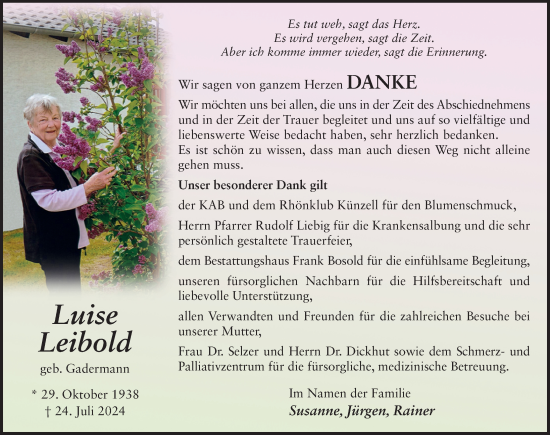 Traueranzeige von Luise Leibold von FZ