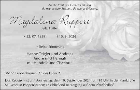 Traueranzeige von Magdalena Ruppert von FZ
