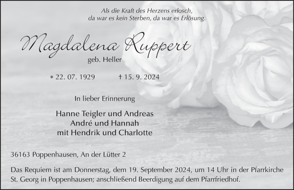  Traueranzeige für Magdalena Ruppert vom 17.09.2024 aus FZ