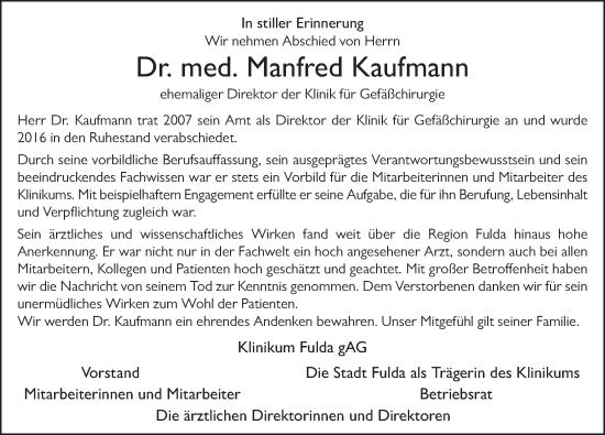 Traueranzeige von Manfred Kaufmann von FZ