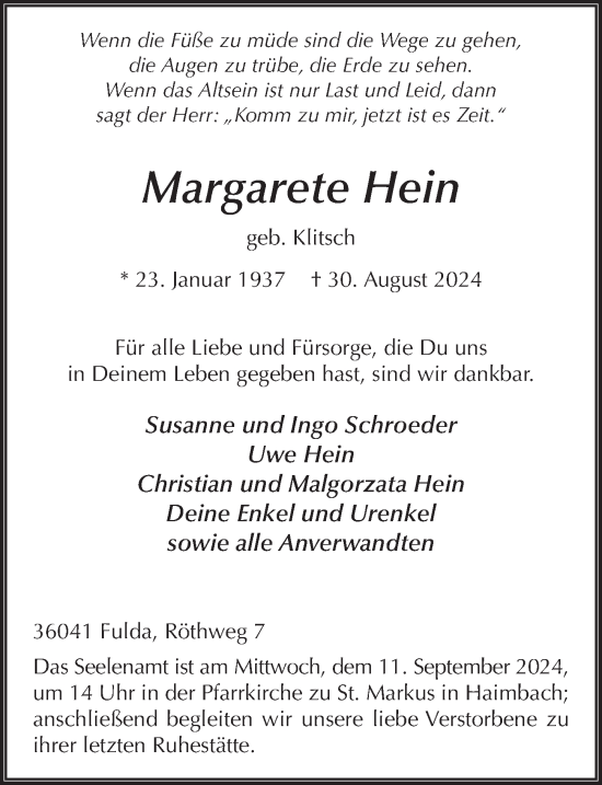 Traueranzeige von Margarete Hein von FZ