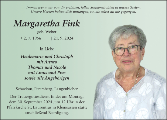 Traueranzeige von Margaretha Fink von FZ