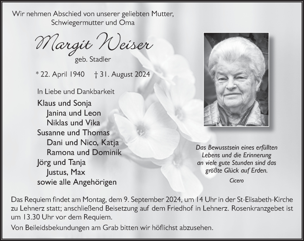  Traueranzeige für Margit Weiser vom 05.09.2024 aus FZ