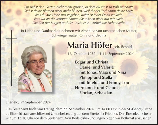 Traueranzeige von Maria Höfer von FZ