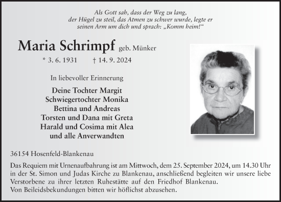 Traueranzeige von Maria Schrimpf von FZ