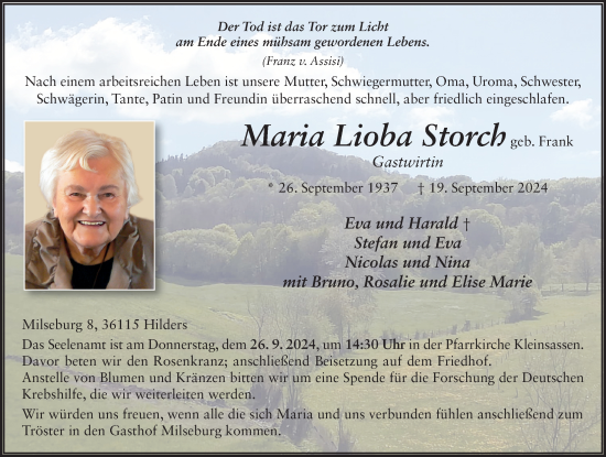 Traueranzeige von Maria Lioba Storch von FZ