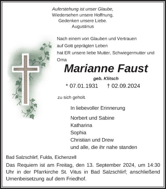Traueranzeige von Marianne Faust von FZ