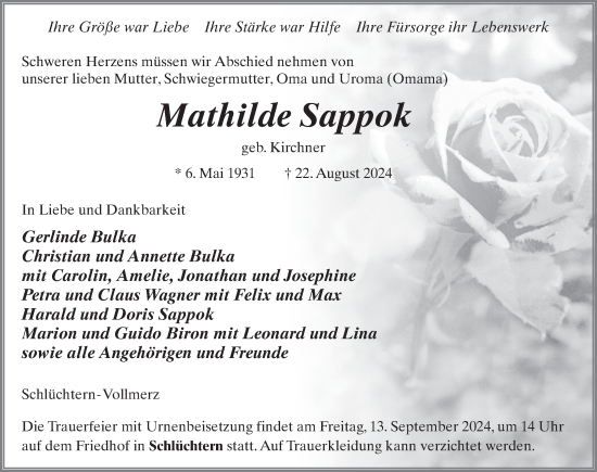 Traueranzeige von Mathilde Sappok von FZ