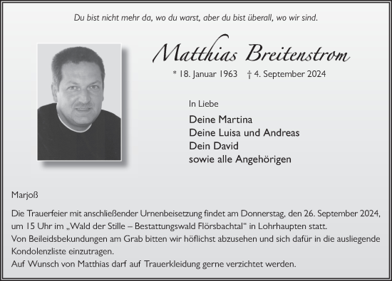 Traueranzeige von Matthias Breitenstrom von FZ