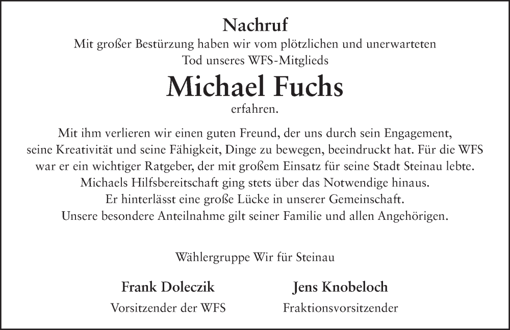  Traueranzeige für Michael Fuchs vom 21.09.2024 aus FZ