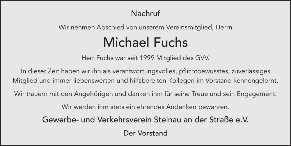  Traueranzeige für Michael Fuchs vom 21.09.2024 aus FZ