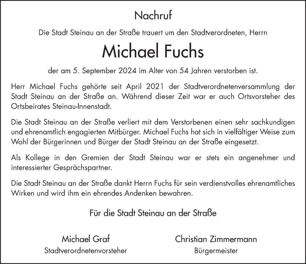  Traueranzeige für Michael Fuchs vom 21.09.2024 aus FZ