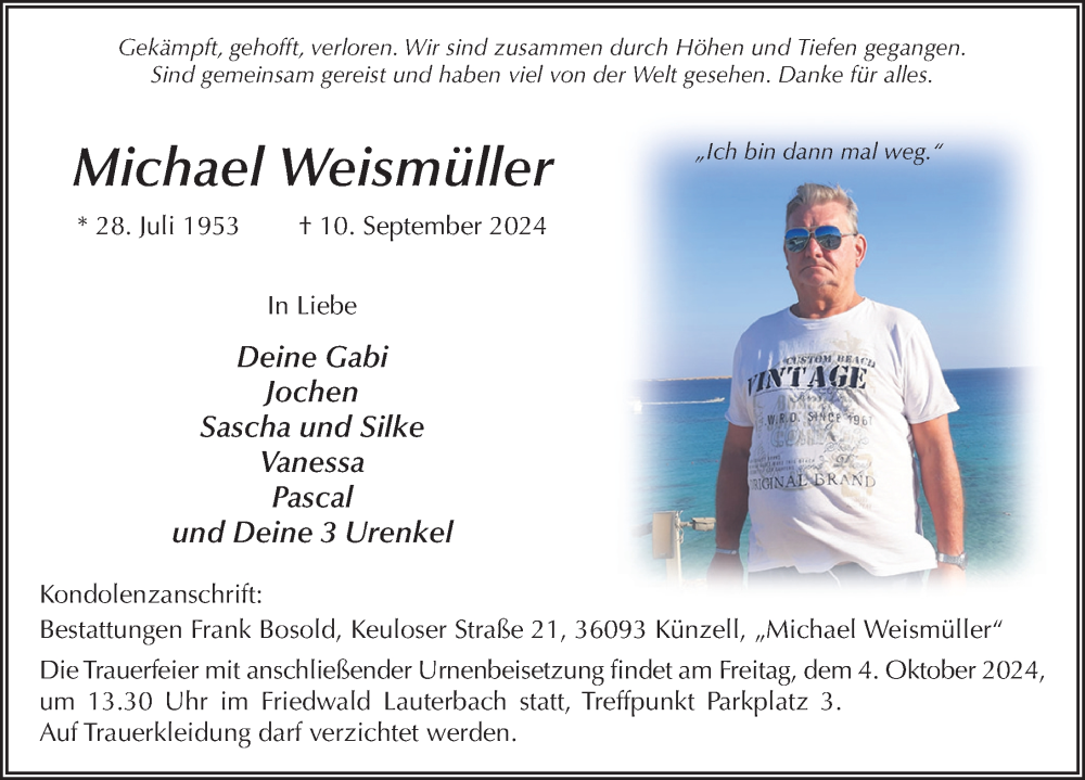  Traueranzeige für Michael Weismüller vom 28.09.2024 aus FZ