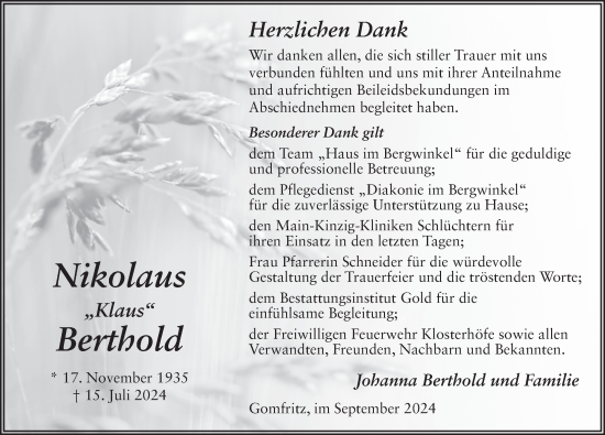 Traueranzeige von Nikolaus Berthold von FZ